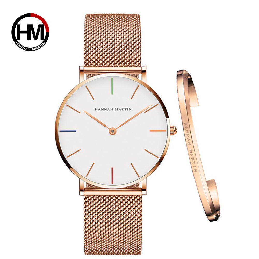 Hannah Martin Armbanduhr Damen Ø36mm Gold Blau Analog Quarz Edelstahl Wasserdicht Mesh Uhren