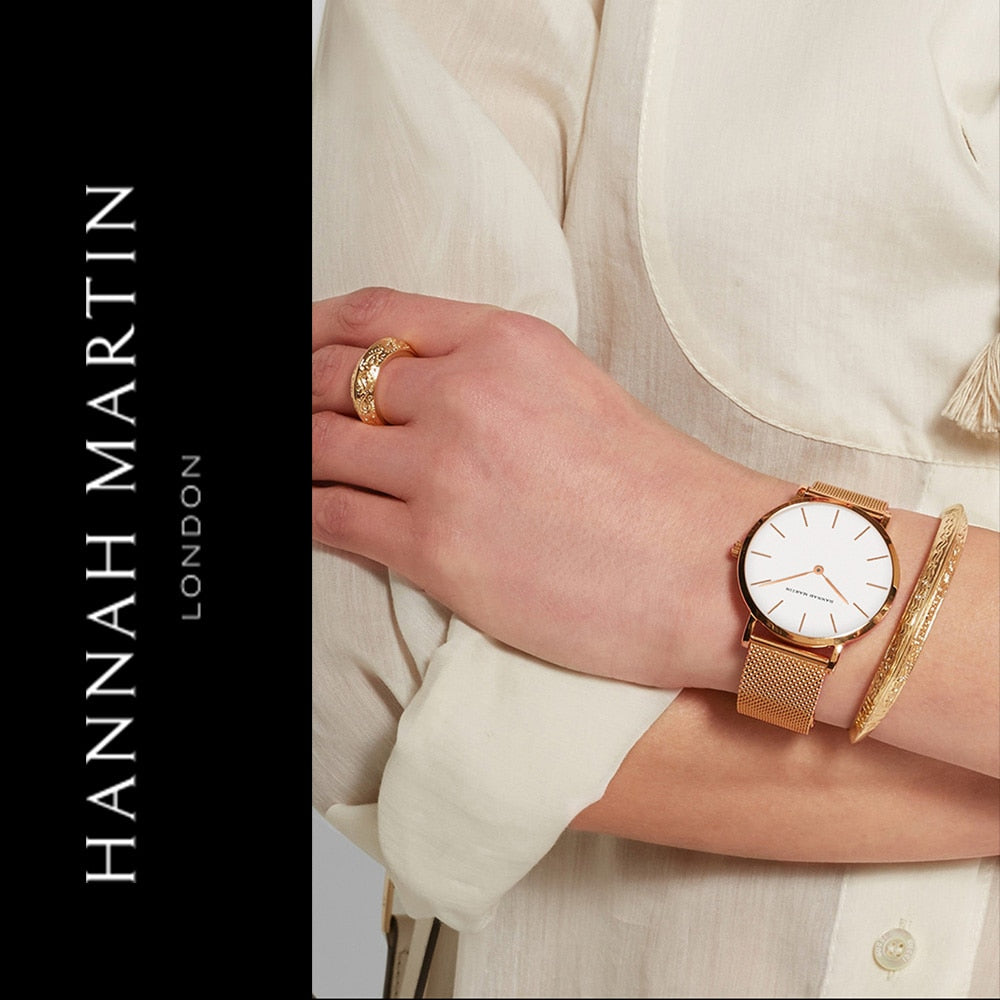 Hannah Martin Armbanduhr Damen Ø36mm Gold Blau Analog Quarz Edelstahl Wasserdicht Mesh Uhren